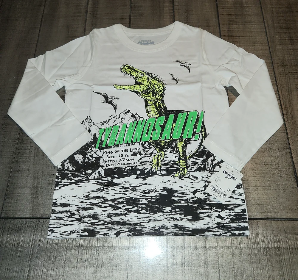 NWT OshKosh B'gosh T-Rex Graphic Long Sleeve Shirt - White & Green